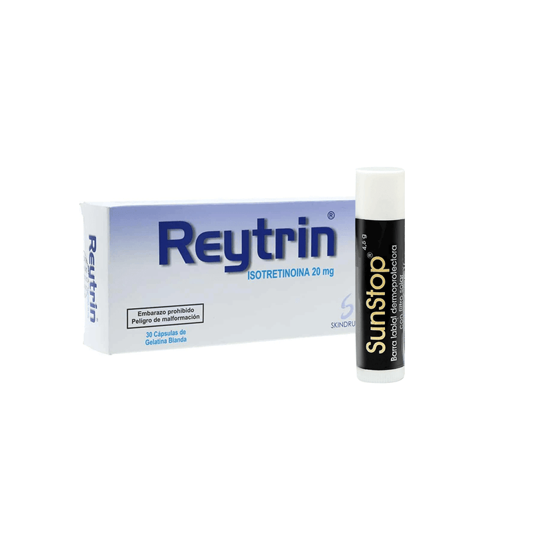 KIT REYTRIN 20 MG CAJA X 30 CAPSULAS + SUNSTOP BARRA LABIAL